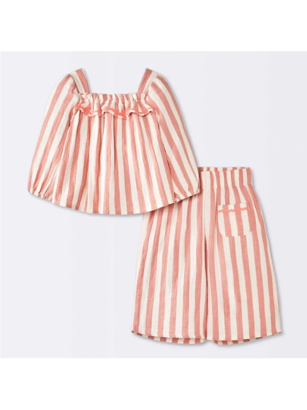 Striped Gauze Coral Top and White Two-Piece Set